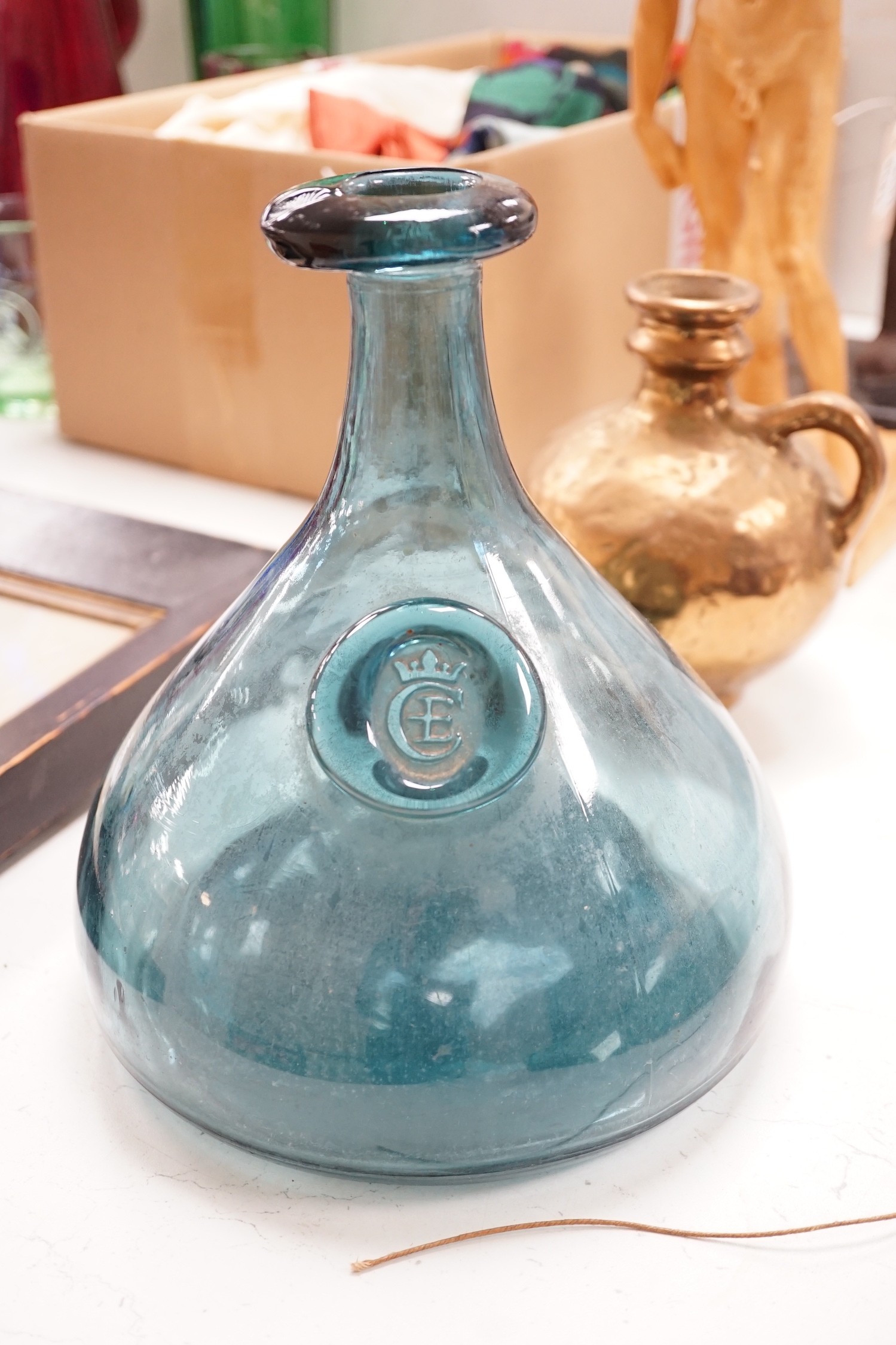 After Michelangelo - David, signed Ruggeri, a cast metal monopodia, bronze ewer and pressed glass carafe, tallest 83cms high